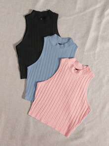 Top de tanque casual sólido de cuello redondo acanalado para el verano - Multicolor 8 - Ver 4