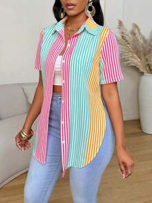 Camisa de mujer de manga corta, ajuste ceñido, con dobladillo curvo dividido, unicolor minimalista, para uso diario y casual en verano - Multicolor 10 - Ver 3
