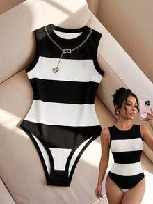 Mono de mujer para primavera/verano, mono de tirantes de cuello redondo para mujer, mono ajustado de punto para mujer, mono a rayas, uso diario casual, mono de verano para mujer, mono para vacaciones en la playa, se puede usar solo o combinado co - Blanco y Negro - Ver 1