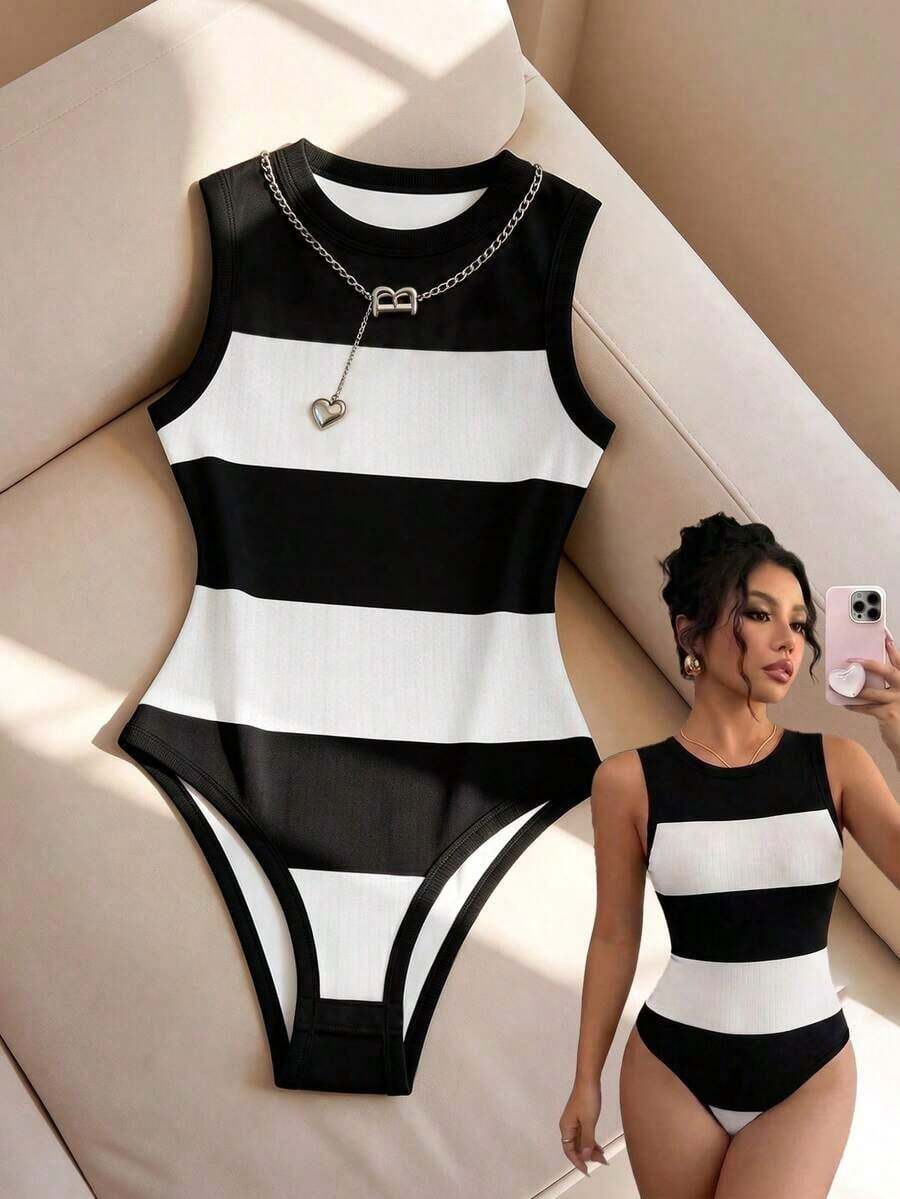 Mono de mujer para primavera/verano, mono de tirantes de cuello redondo para mujer, mono ajustado de punto para mujer, mono a rayas, uso diario casual, mono de verano para mujer, mono para vacaciones en la playa, se puede usar solo o combinado co - Blanco y Negro - Ver 1