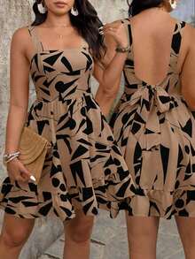 Vestido de talla grande con estampado, lazo en la cintura y decoración para mujeres de vacaciones - Marrón - Ver 1