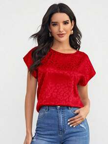 Clasi Top de manga murciélago de leopardo jacquard de satén - Rojo - Ver 6