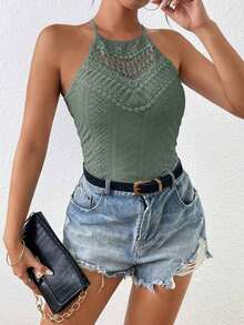 Frenchy Top sin mangas ajustado con cuello de halter y encaje de contraste para vacaciones de mujer - Verde - Ver 3