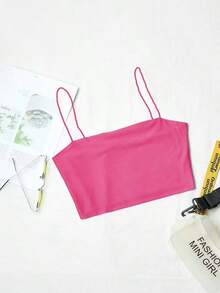 Top corto de tirantes delgado unicolor - Rosa Fucsia - Ver 1