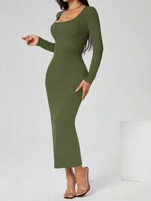 Vestido largo de manga larga con cuello cuadrado color negro sólido ajustado, vestido elegante de manga larga para mujer con cuello cuadrado, ajuste ceñido, manga recta, liso, para uso diario casual en primavera/otoño - Verde militar - Ver 3