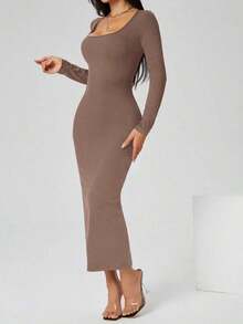 Vestido largo de manga larga con cuello cuadrado color negro sólido ajustado, vestido elegante de manga larga para mujer con cuello cuadrado, ajuste ceñido, manga recta, liso, para uso diario casual en primavera/otoño - Camel - Ver 3