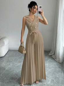 Mono elegante de mujer con diseño de doble botonadura y plisado en color albaricoque, para primavera y otoño - Caqui - Ver 7