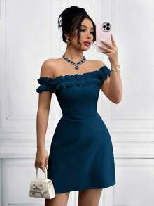 Vestido midi romántico para mujer con hombros descubiertos y corte en la cintura - Agua verde azul - Ver 1