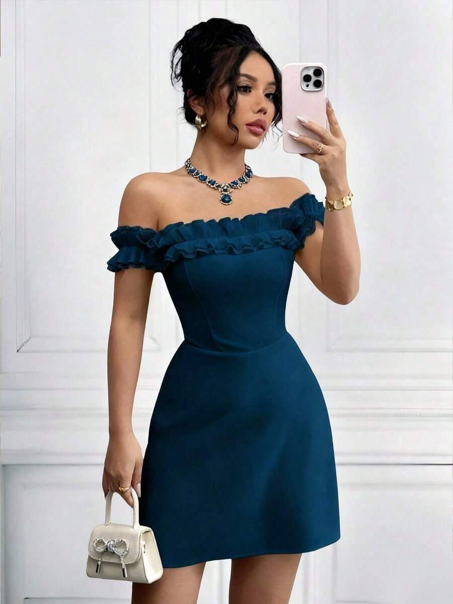 Vestido midi romántico para mujer con hombros descubiertos y corte en la cintura - Agua verde azul - Ver 1