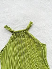 Vestido mini acanalado, de unicolor, ajustado, de cuello halter - Verde - Ver 4