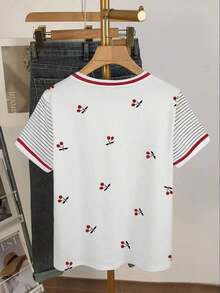 Camiseta casual para mujer, gris, nuevo diseño de verano, cuello redondo, estampado de cerezas dulces, diseño gráfico, estilo estudiantil, ajuste versátil minimalista, adecuado para uso diario, al aire libre, viajes, cómodo, esencial para mujeres - Multicolor 8 - Ver 2