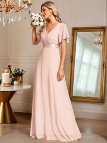 Vestido de dama de honor con cuello en V elegante, mangas con volantes y mariposa, color verde salvia, vestido de invitada de boda, vestido de primavera semi-formal para boda, fiesta de cumpleaños, graduación, Día de San Valentín - Champán 2 - Ver 5