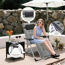 Zero Gravity Outdoor Reclining Lounge Chair With Cup Holder & Removable Cushion, Foldable Patio Camping Chair For Indoor & Outdoor Use - Grey - View 6