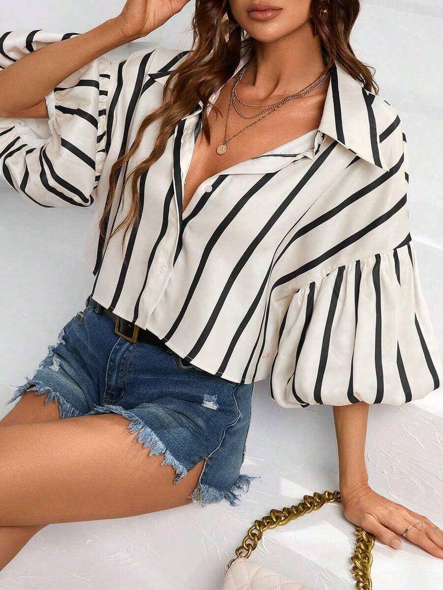 Aveloria Frievida Women's Short Sleeve Button-Down Striped Bishop Sleeve Shirt - Hitam - View 1