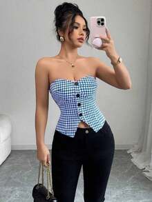 Top corto sin mangas con botones delanteros y estampado de pata de gallo, para uso en oficina o viajes, de moda para el verano - azul real - Ver 7