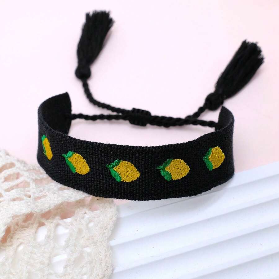 1pc Embroidered Lemon Elegant & Cute Handmade Braided Bracelet, Adjustable Size, Suitable For Party, Travel, Boho Style - Black - View 1