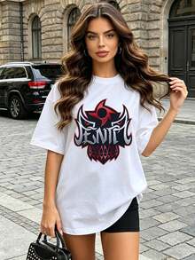 Women's Soft And Casual Short-Sleeved Crew Neck T-Shirt With A Red And Black Monster Graphic Print, Ideal For Everyday Wear In Spring And Summer. White. - 白色 - 查看 2