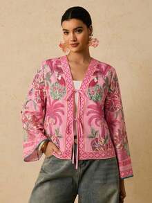 Camisa casual versátil de uso diario con estampado floral y nudo delantero para mujer de talla grande - Rosa - Ver 5