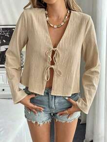 Blusa suelta de hombros caídos con nudo delantero, unicolor, de estilo informal, con mangas acampanadas para mujer - Albaricoque - Ver 8