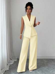 Conjunto de oficina elegante para mujer, compuesto por una chaqueta blazer sin mangas con cuello y bajo asimétrico, con hebilla metálica en la cintura, combinada con pantalones de cintura elástica.Conjunto de 2 piezas elegante para primavera/verano, atuendo formal y de clase para mujer. - Amarillo claro - Ver 6