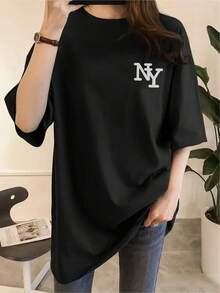 1 Pieza Camiseta Unisex Holgada 180g 100% Algodón Puro, Camiseta unisex estilo y2k con diseño minimalista NY bordado en blanco ideal para un look moderno y casual perfecta para cualquier ocasión resistente y cómoda una prenda imprescindible para tu guardarropa en . - Negro - Ver 1