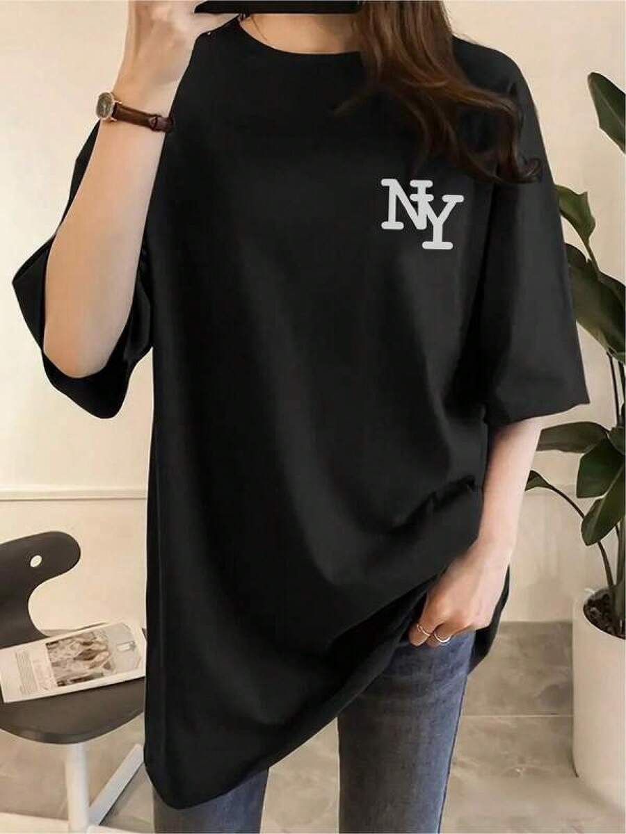 1 Pieza Camiseta Unisex Holgada 180g 100% Algodón Puro, Camiseta unisex estilo y2k con diseño minimalista NY bordado en blanco ideal para un look moderno y casual perfecta para cualquier ocasión resistente y cómoda una prenda imprescindible para tu guardarropa en . - Negro - Ver 1