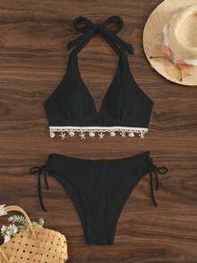 Swim Set de 2 piezas de Top halter y Bottom de bikini en forma de triángulo "V" con decoración de concha y estampado floral de color albaricoque para mujer en vacaciones de verano en la playa - Negro - Ver 1