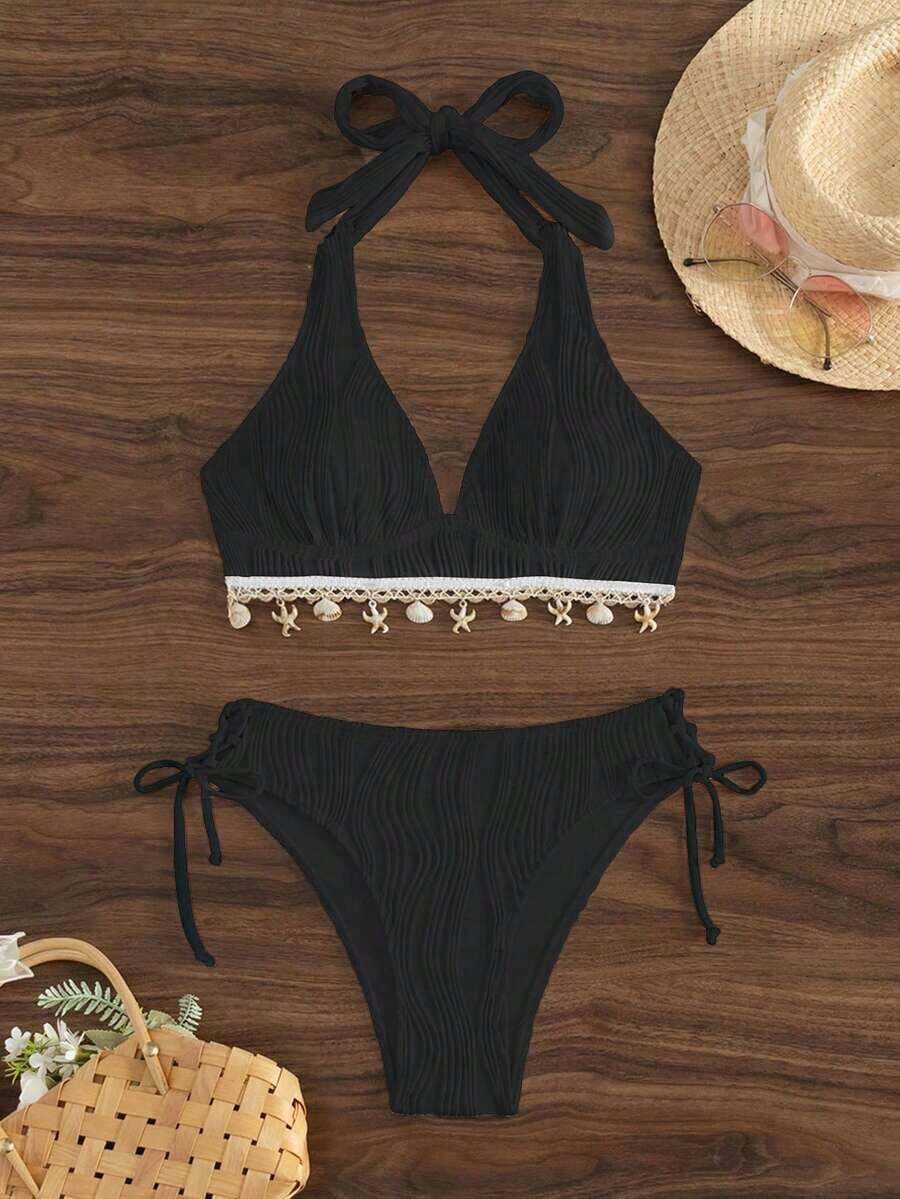 Swim Set de 2 piezas de Top halter y Bottom de bikini en forma de triángulo "V" con decoración de concha y estampado floral de color albaricoque para mujer en vacaciones de verano en la playa - Negro - Ver 1