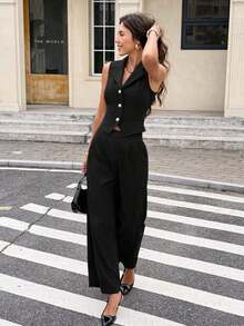 Conjunto de 2 piezas de top sin mangas y pantalones de unicolor casual y de oficina para mujer, para verano - Negro - Ver 3