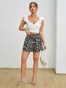 Shorts casuales de pierna ancha con estampado de margaritas para verano - Negro - Ver 5