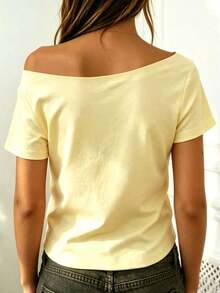 Camiseta casual de uso diario con hombro asimétrico de unicolor para mujer - Amarillo 2 - Ver 2