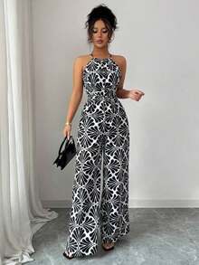 Mono de tela estampada con envolvente frontal para mujer, diseño que define la cintura para usar en ocasiones elegantes, ya sea de fiesta o diario - Blanco y Negro - Ver 3