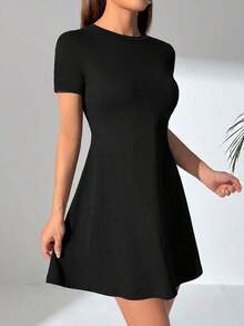 Vestido De Mujer A-línea Con Mangas Cortas - Negro - Ver 3