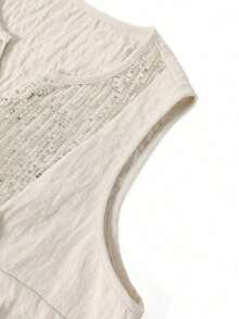 Blusa sin mangas con cuello redondo y cuentas para mujer de talla grande, con un toque elegante y juvenil, adecuada para el verano - Albaricoque - Ver 5