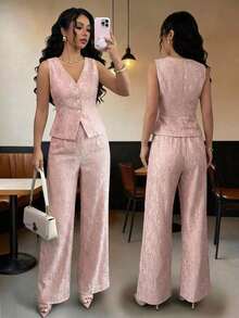 Nuevo traje de encaje casual y elegante para mujer, con contraste de color de encaje y botones de perla, adecuado para el Día de San Valentín, Halloween, vuelta al colegio, primavera/verano, traje de oficina profesional, atuendo de maestra, trayec - Rosa - Ver 1