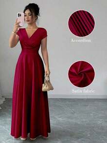 Vestido elegante y romántico para mujeres con cuello en V, mangas cortas y cintura ceñida - Rojo - Ver 6