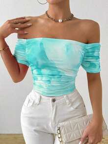 Camiseta de manga corta plisada con cuello recto en línea - verde menta - Ver 8