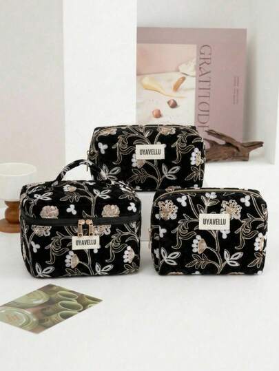 1pc/3pcs Black Large Capacity Makeup Bag, Flower Patterned Bohemian Style Holiday Casual Wash Bag, Fashionable High-End Handbag, Zipper Portable Travel Wash Bag, Portable Storage Bag, Makeup Bag Set, Soft Fabric Makeup Bag Set, Women's Wallet And Handbag, Suitable For Family, Travel, Vacation And School, Essential For Bedrooms, Bridesmaid Gift, Mother's Day Gift, Birthday Gift. (Random Pattern)