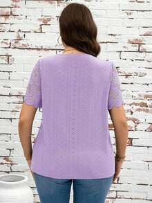 Clasi Camiseta de talla grande de verano de unicolor con contraste de encaje calado y bordado - Púrpura malva - Ver 10