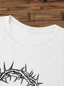 Religious Symbolic Meaning, Crown Made Of Thorny Branches And Christian Cross Print, Pure Cotton Round Neck T-Shirt, Basic Short Sleeve Design, Simple Design, Suitable For Casual Sports, Versatile Item For Everyday Wear 15463. - 白色 - 查看 4