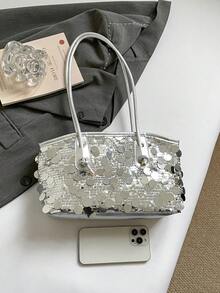 Bolso cuadrado de lentejuelas de moda nueva para primavera/verano, con cierre de cremallera, correas de hombro dobles, Body suave, gran capacidad y diseño minimalista ligero - Plateado - Ver 4