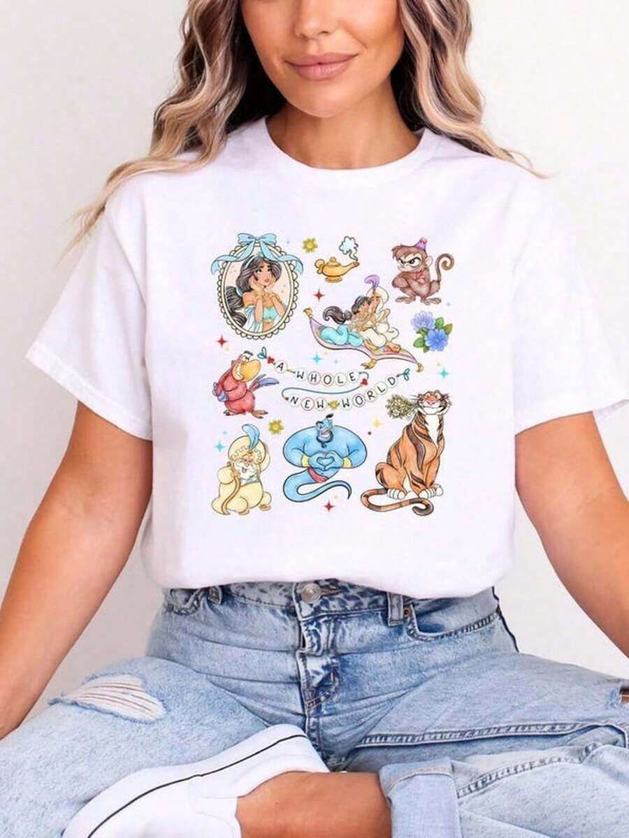 Camiseta de manga corta con cuello redondo y estampado para mujer. Perfecto para citas, desplazamientos diarios y salidas informales. Diseño clásico minimalista de cuello redondo, fácil de combinar y adecuado para todas las formas de cuerpo. - Blanco - Ver 1