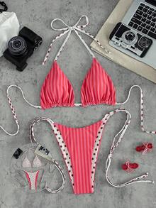 春夏女款性感時尚可翻面配色條紋波點波希米亞風海灘優雅休閒度假裝掛脖比基尼兩件式泳衣套裝 - 彩色 - 查看 3