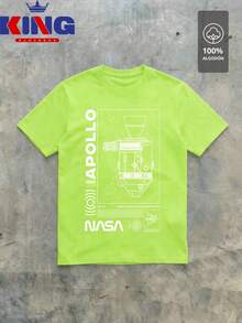 Men's T-Shirt Made Of 100% High-Quality Cotton, This T-Shirt Guarantees Exceptional Softness To The Touch, Round Neck With "NASA WHITE Apollo Mission Diagram" Print On The Front - 青檸色 - 查看 2