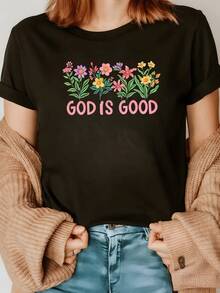 An Inspirational Phrase Expressing Faith And Hope, Surrounded By Colorful Flowers Symbolizing Joy And Gratitude. A Comfortable, Casual Women's T-Shirt, Ideal For Everyday Wear. - 黑色 - 查看 8