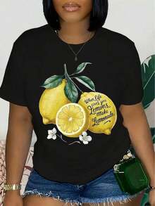 Camiseta Casual de Cuello Redondo para Mujer - Camiseta Gráfica con Estampado "When Life Gives You Lemons Make Lemonade" - Top Ligero y Transpirable para Uso Diario - Camiseta con Estampado de Limones Lavable a Máquina para Mujer, Diseño Gráfico Divertido - Negro - Ver 6