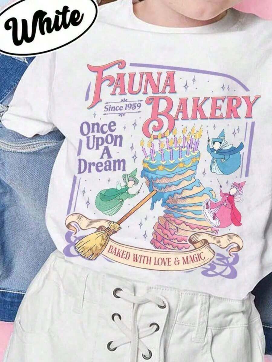 Fauna Bakery Baked With Love And Magic Shirt Sleeping Princess Tshirt, Fairy Godmother Tee, Theme Park Family Shirts Camiseta informal de moda con estampado creativo para mujer, de manga corta y cuello redondo, para primavera y verano T-Shirt Women Festive Celebration Shirt Party Wear Top - Blanco - Ver 1