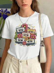 Camiseta retro con estampado floral y casete para mujer, algodón premium, cuello redondo, corte relajado, cómoda, estampado artístico.Suitable for spring, summer and autumn - Blanco - Ver 6
