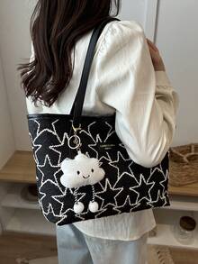1 buah Tas Tote Bahu Wanita Modis Berbahan Serat Poliester dengan Dekorasi Awan, Kapasitas Besar, dan Resleting, Motif Bintang, Cocok untuk Penggunaan Sehari-hari di Musim Semi/Panas - Hitam dan Putih - View 5