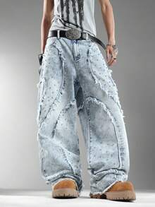 Men's Loose Wide Leg Denim Pants,Classic Washed Cat Whisker Design,Retro Nostalgic,Leisure Fashion (Belt & Accessories Not Included) - Blue - View 1